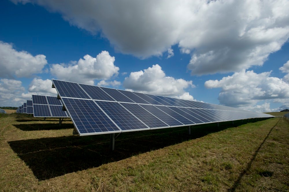 Large solar farm at sunrise